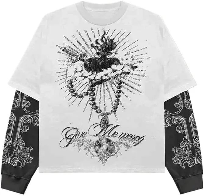 Rapper Graphic Tee Y2k Men Fake Two Piece Streetwear Shirt Vintage Long Sleeve T Shirt Emo Grunge 2000s