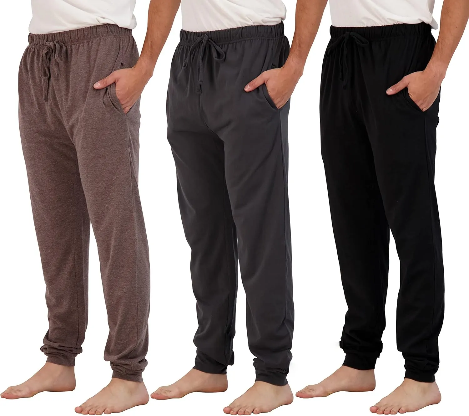 Real Essentials 3 Pack: Men's Cotton Jersey Soft Jogger Sleep Lounge Pajama Drawstring & Pockets (Available in Big & Tall)