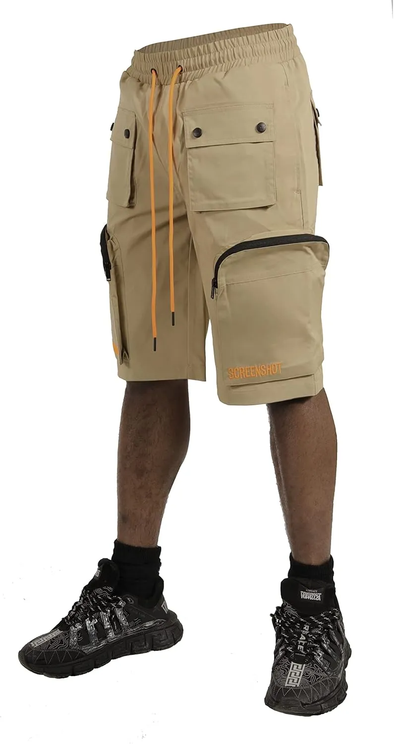 SCREENSHOT Mens Premium Multifunctional Utility Nylon Cargo Shorts - Crisp Shell Fabric 3D Pockets Hiking Tapered Bottoms