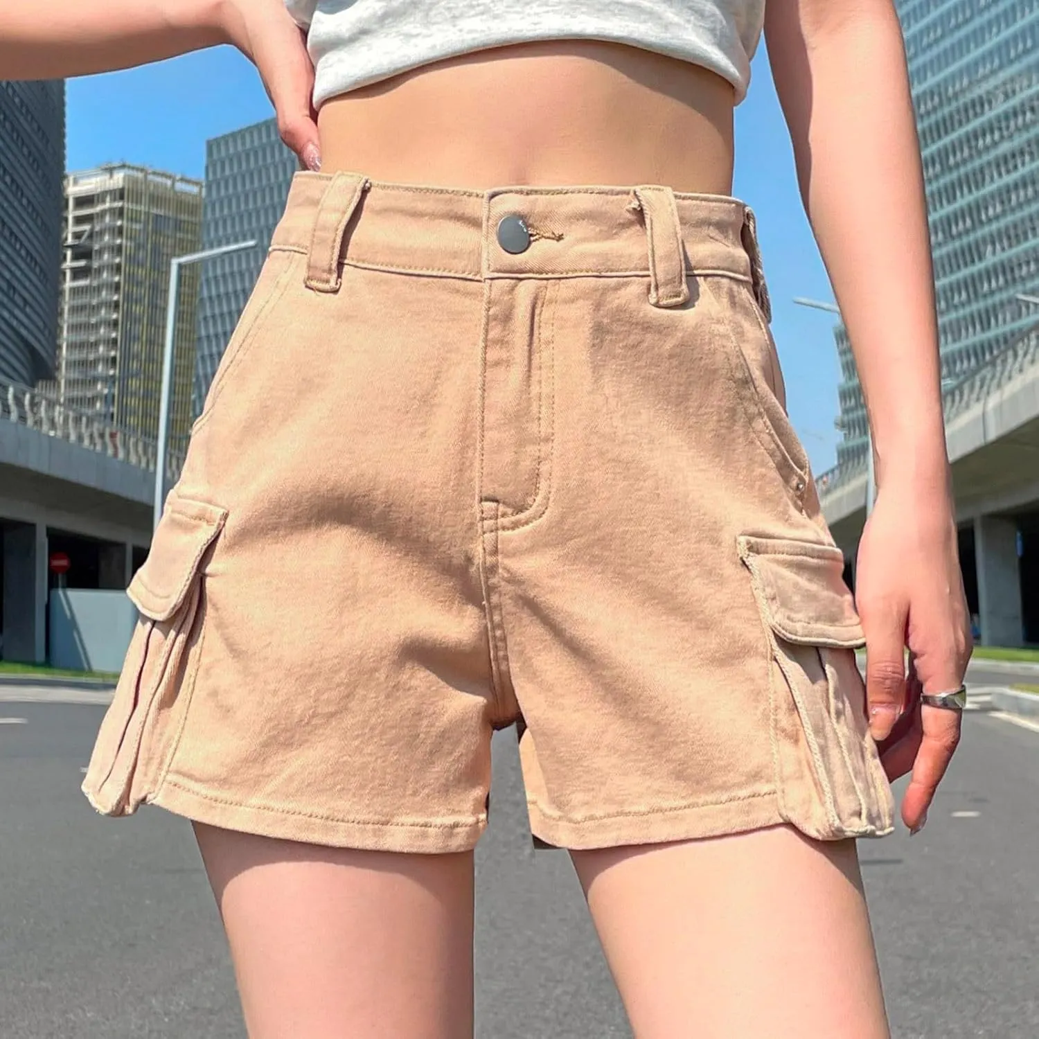 Shorts for Women High Waisted A-Line Wide Leg Cargo Summer Shorts Outdoor Workout Travel Denim Pull On Shorts