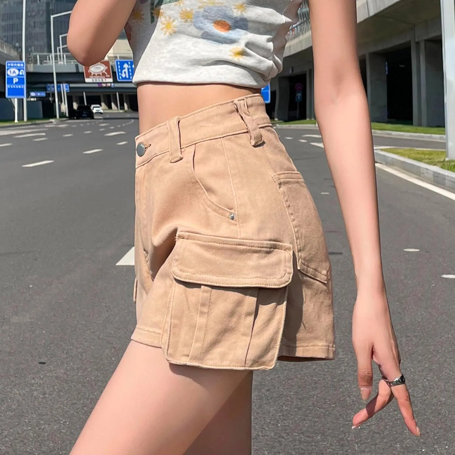 Shorts for Women High Waisted A-Line Wide Leg Cargo Summer Shorts Outdoor Workout Travel Denim Pull On Shorts
