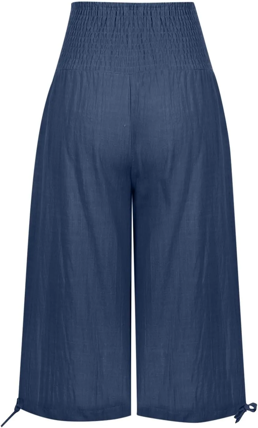 Shorts for Women Summer Cotton Linen Long Shorts Below The Knee High Waisted Loose Shrink Wide Leg Shorts Pants