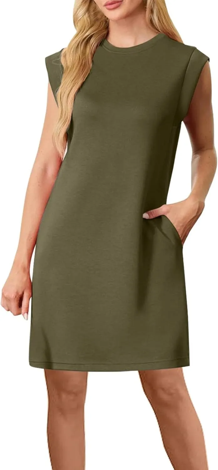 Sleeveless A-Line Dresses for Women Mid-Length Crewneck Casual Summer Sundresses Loose Fit Comfy Daily Wear Shift Dress