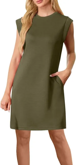 Sleeveless A-Line Dresses for Women Mid-Length Crewneck Casual Summer Sundresses Loose Fit Comfy Daily Wear Shift Dress
