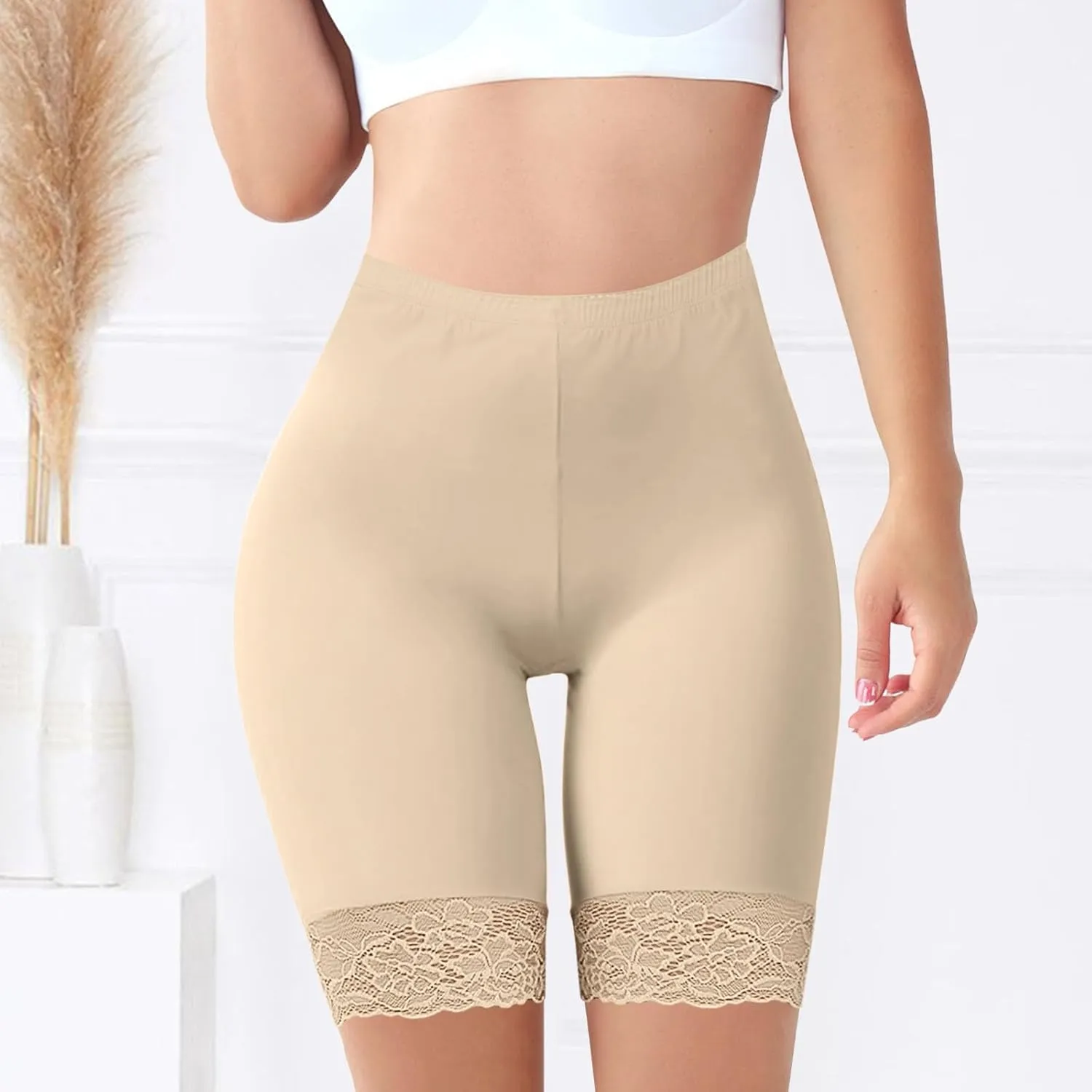 Slim Fit Shorts Women Stretch Smooth Lace Trim Workout Yoga Shorts Under Dresses Comfortable Workout Biker Shorts