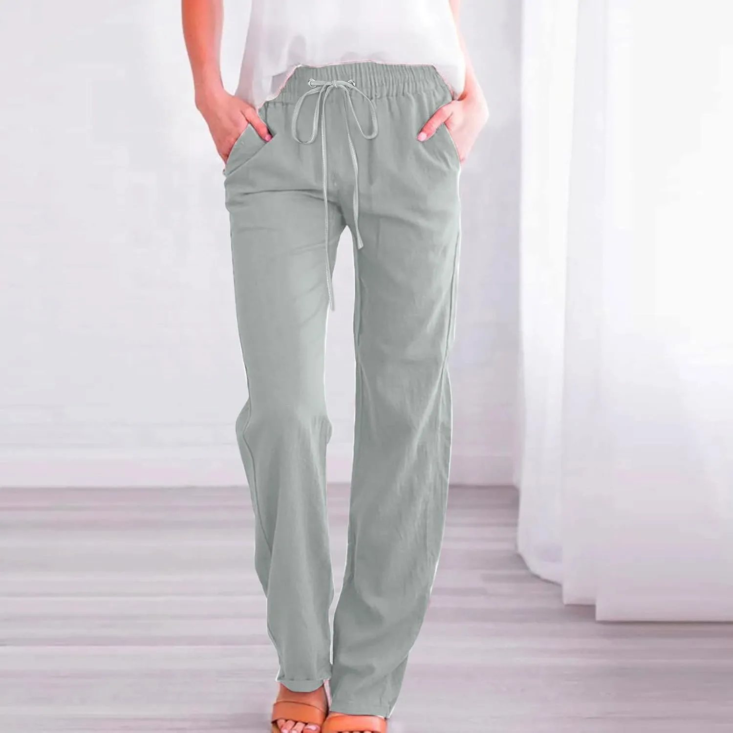 SMIDOW Womens Casual Pants Regular Fit Straight Leg Drawstring Elastic High Waist Trousers with Pockets Trendy