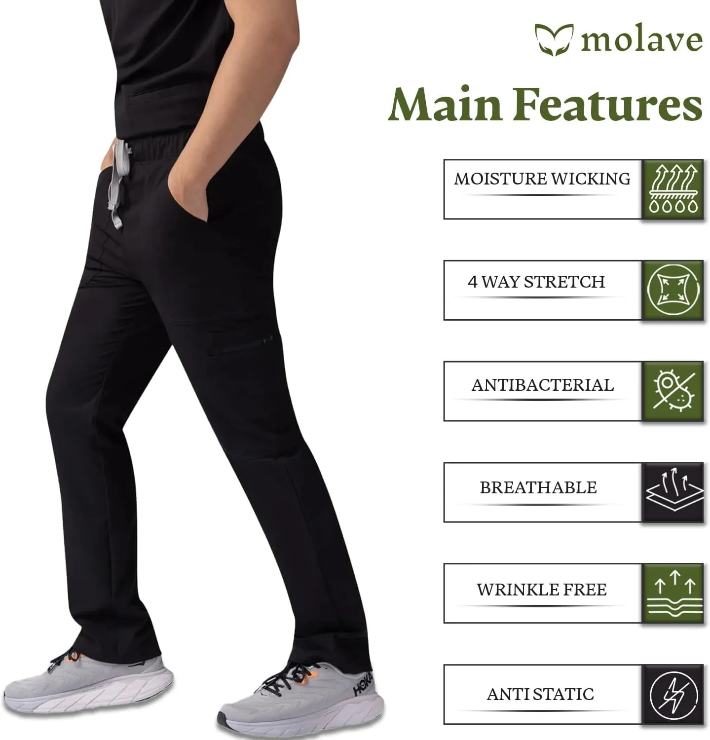 Socotra Men's Straight Scrub Pants - Moisture Wicking, Flexible, Sleek Tapered Slim Fit Scrubs Pants with 8 Pockets