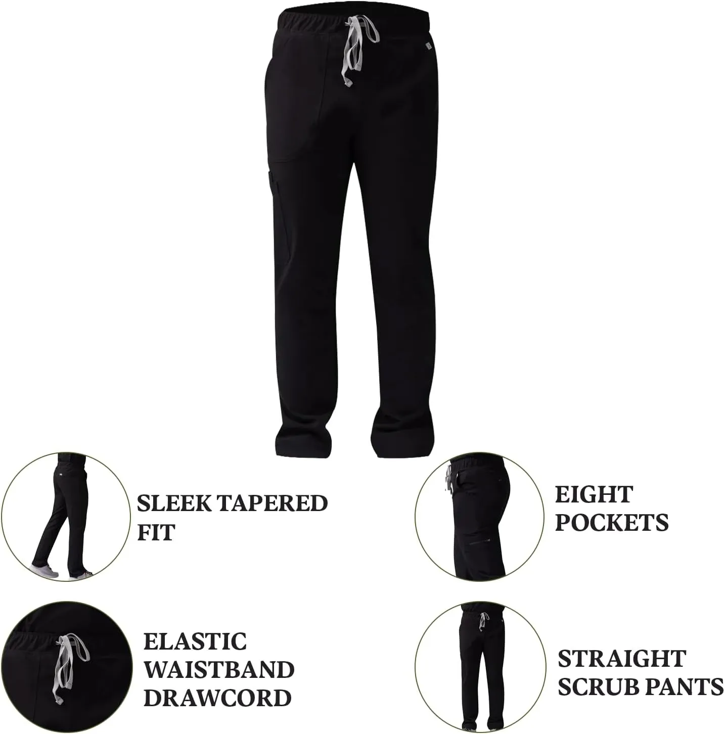 Socotra Men's Straight Scrub Pants - Moisture Wicking, Flexible, Sleek Tapered Slim Fit Scrubs Pants with 8 Pockets
