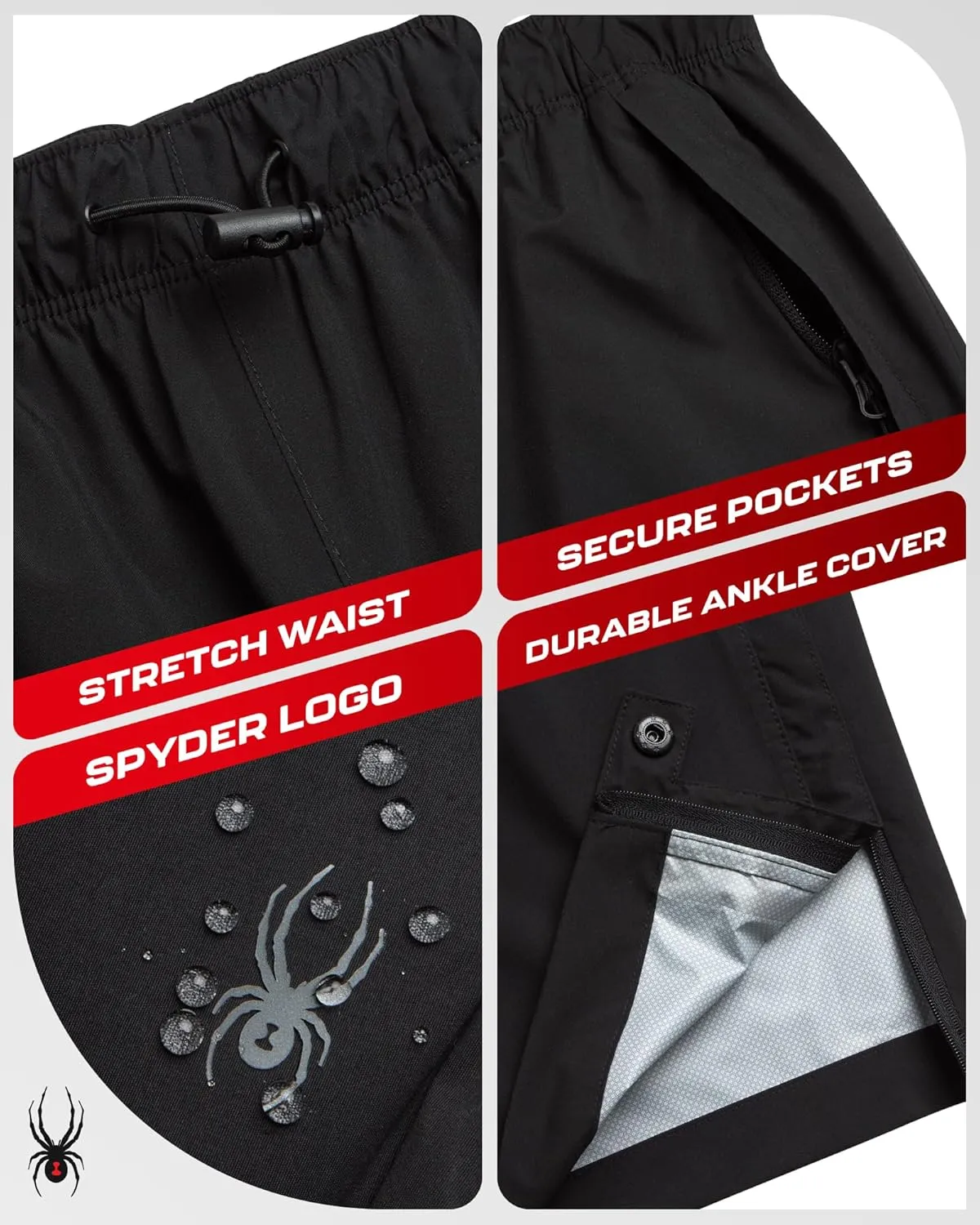 Spyder Mens Rain Pants - Waterproof Hiking Pants for Men, Lightweight Windproof Tactical Outdoor Gear with Elastic Waistband
