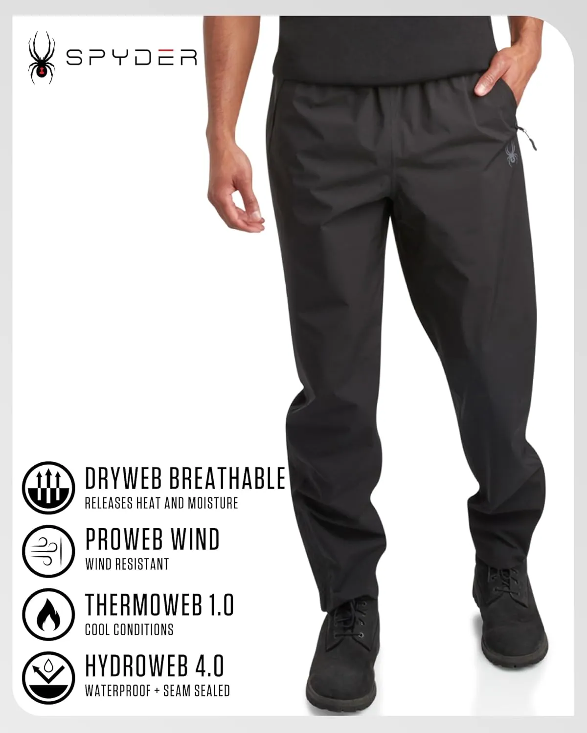 Spyder Mens Rain Pants - Waterproof Hiking Pants for Men, Lightweight Windproof Tactical Outdoor Gear with Elastic Waistband