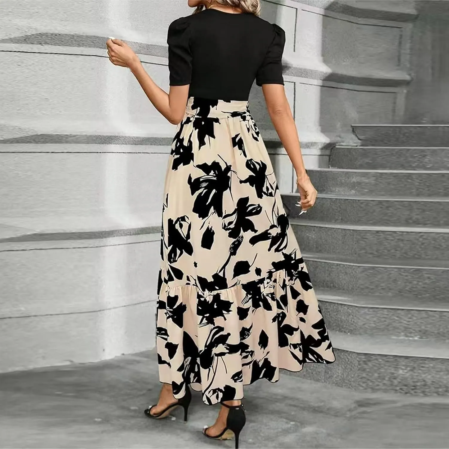Summer Dresses Women 2025 Short Sleeve Floral Print Wrap Maxi Dress Patchwork Ruffle Hem A Line Dresses
