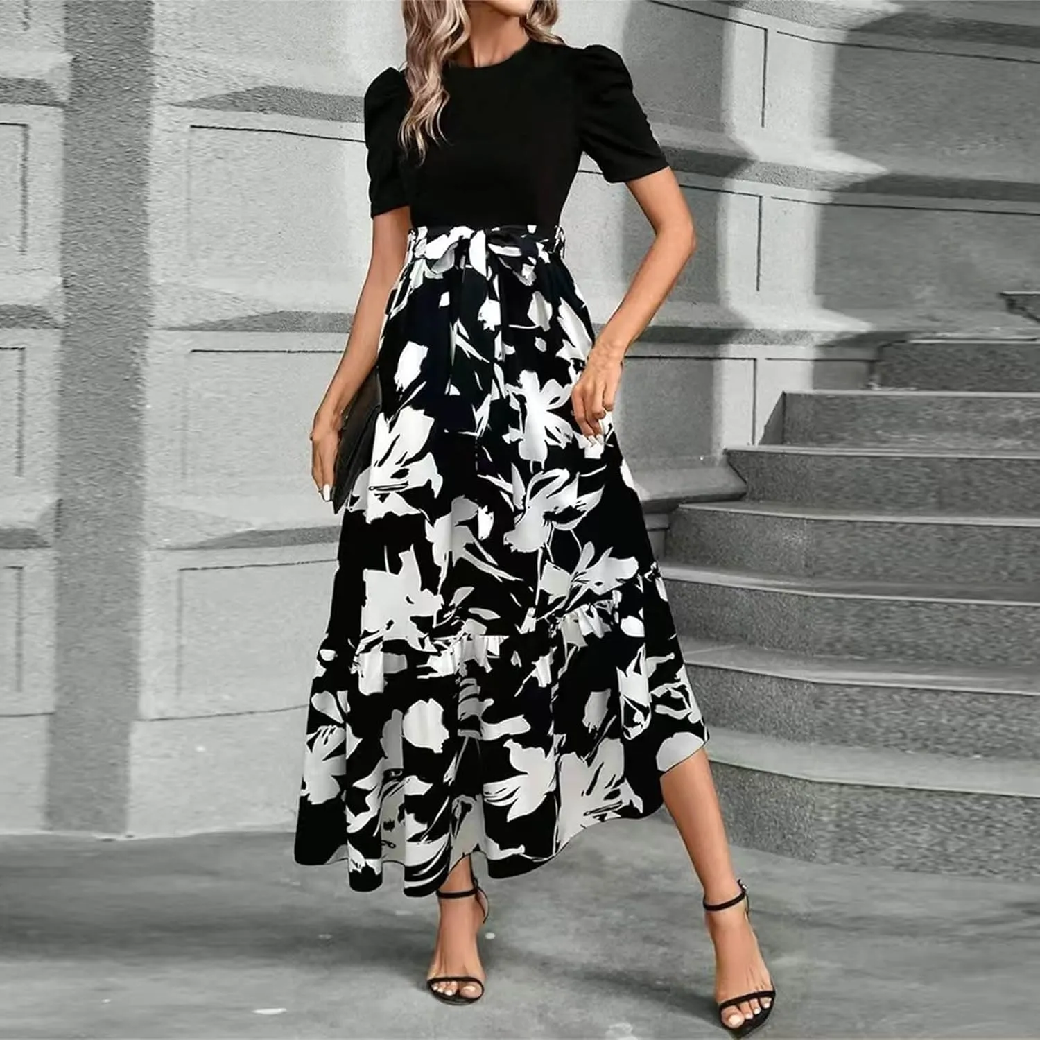 Summer Dresses Women 2025 Short Sleeve Floral Print Wrap Maxi Dress Patchwork Ruffle Hem A Line Dresses