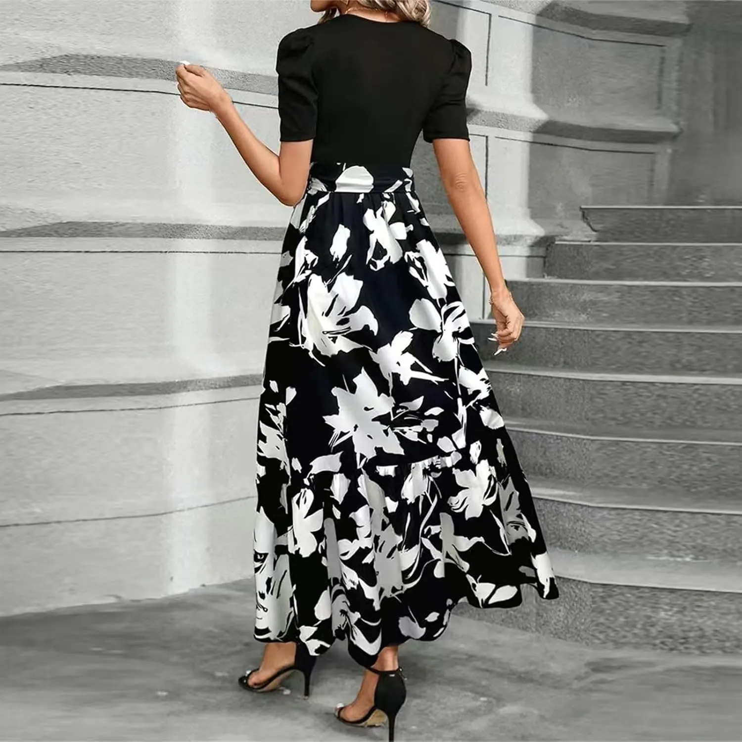 Summer Dresses Women 2025 Short Sleeve Floral Print Wrap Maxi Dress Patchwork Ruffle Hem A Line Dresses