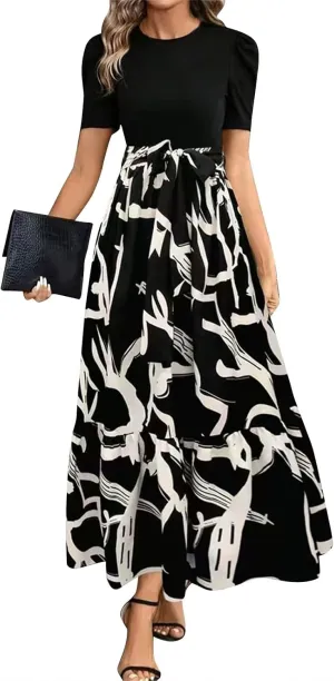 Summer Dresses Women 2025 Short Sleeve Floral Print Wrap Maxi Dress Patchwork Ruffle Hem A Line Dresses