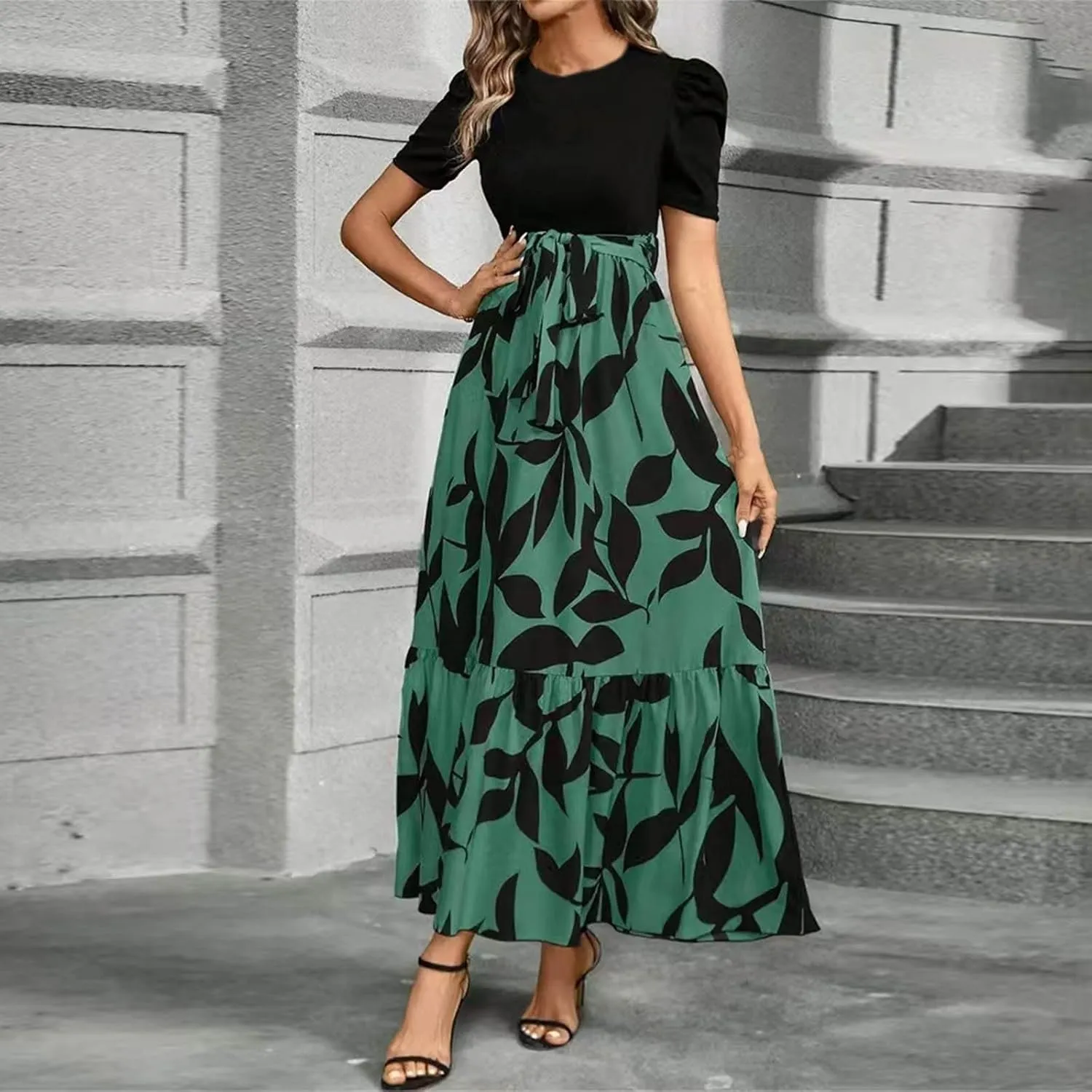 Summer Dresses Women 2025 Short Sleeve Floral Print Wrap Maxi Dress Patchwork Ruffle Hem A Line Dresses