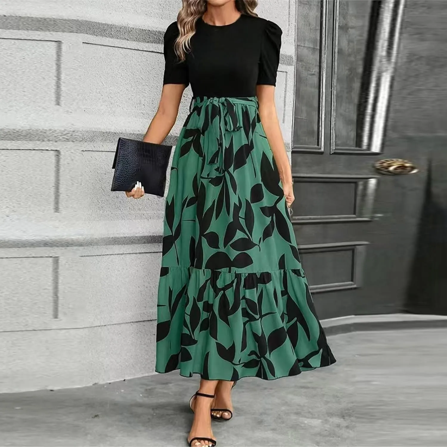 Summer Dresses Women 2025 Short Sleeve Floral Print Wrap Maxi Dress Patchwork Ruffle Hem A Line Dresses
