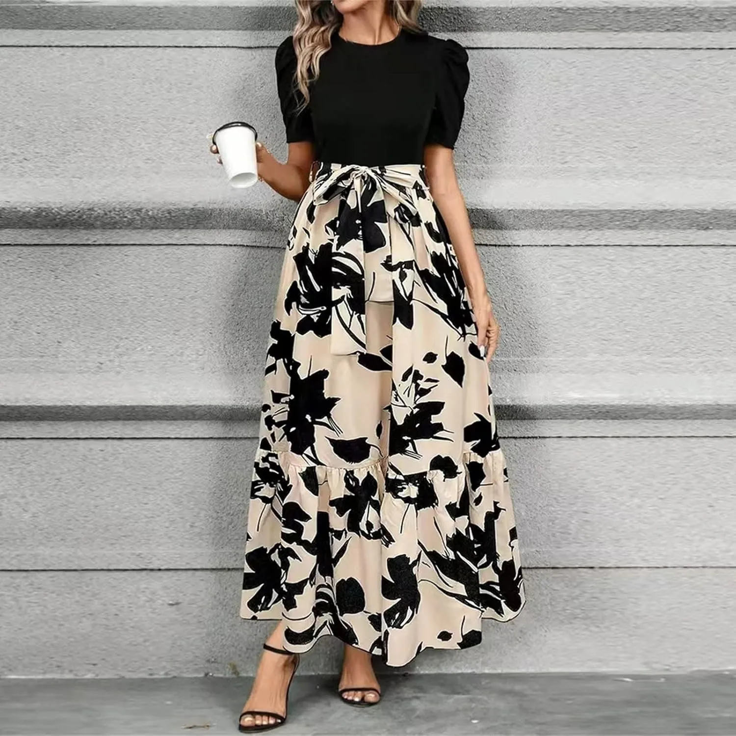Summer Dresses Women 2025 Short Sleeve Floral Print Wrap Maxi Dress Patchwork Ruffle Hem A Line Dresses
