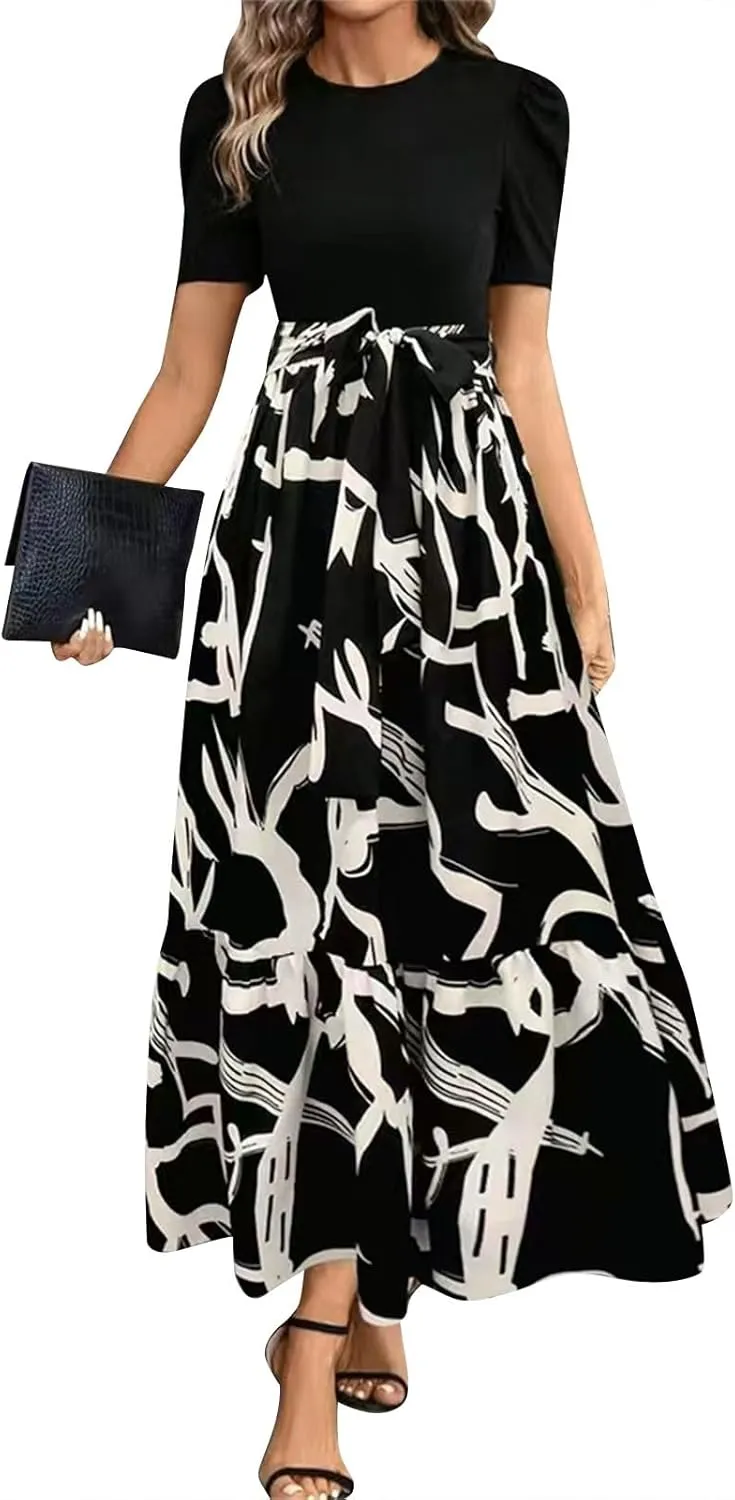 Summer Dresses Women 2025 Short Sleeve Floral Print Wrap Maxi Dress Patchwork Ruffle Hem A Line Dresses