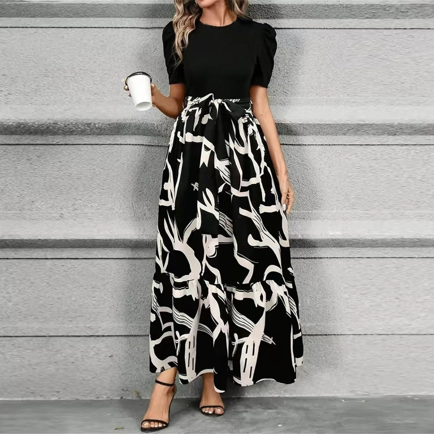 Summer Dresses Women 2025 Short Sleeve Floral Print Wrap Maxi Dress Patchwork Ruffle Hem A Line Dresses
