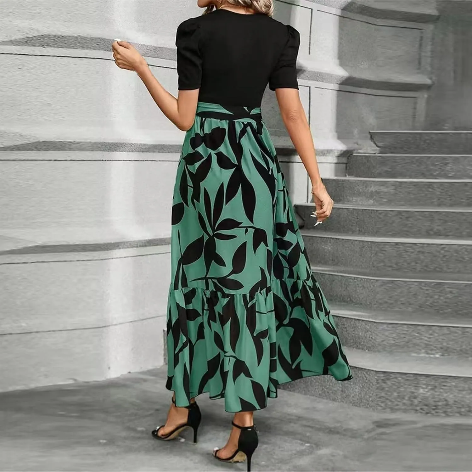 Summer Dresses Women 2025 Short Sleeve Floral Print Wrap Maxi Dress Patchwork Ruffle Hem A Line Dresses