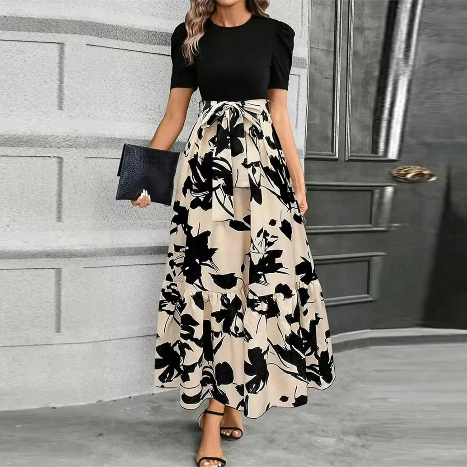 Summer Dresses Women 2025 Short Sleeve Floral Print Wrap Maxi Dress Patchwork Ruffle Hem A Line Dresses