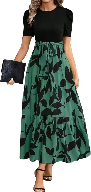 Summer Dresses Women 2025 Short Sleeve Floral Print Wrap Maxi Dress Patchwork Ruffle Hem A Line Dresses