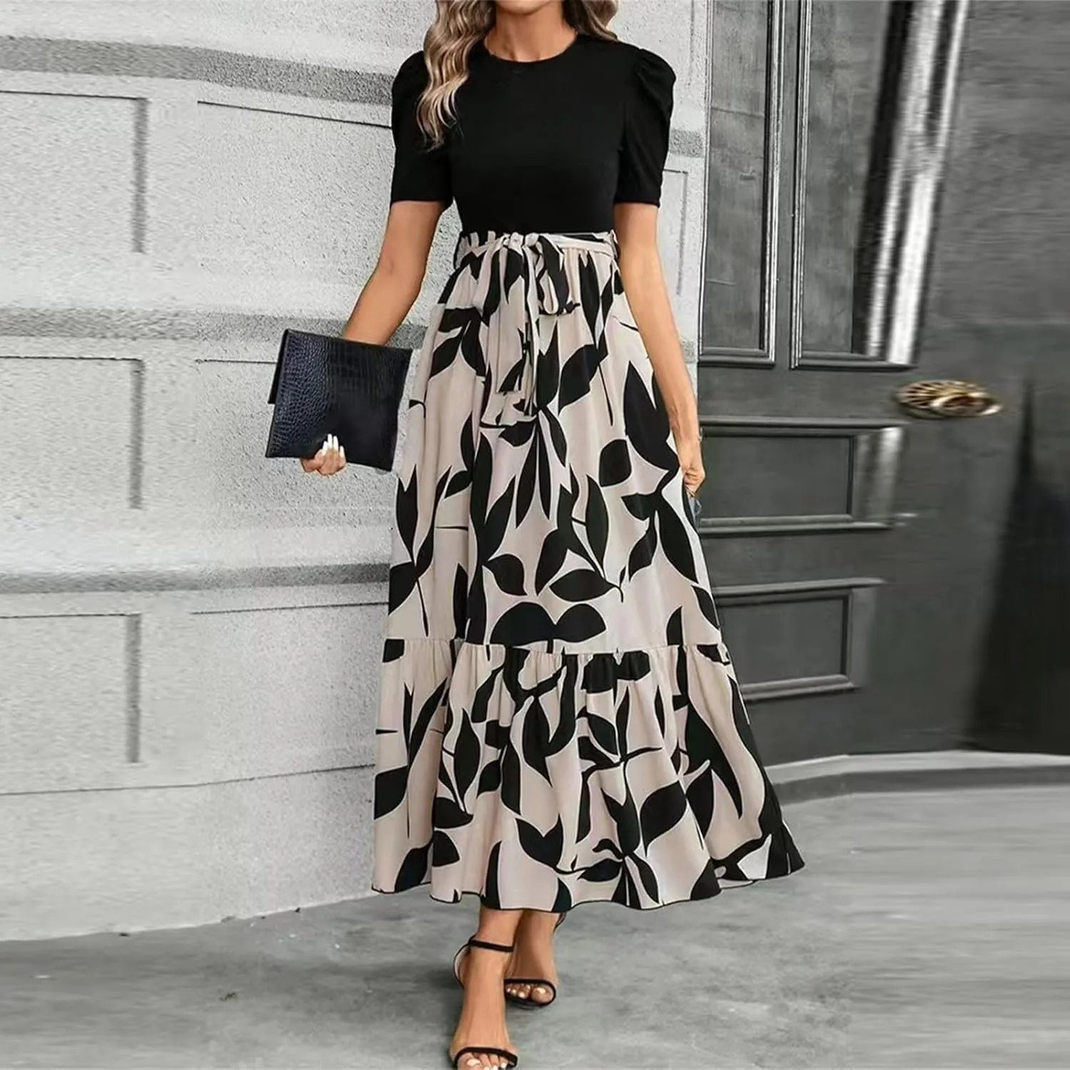 Summer Dresses Women 2025 Short Sleeve Floral Print Wrap Maxi Dress Patchwork Ruffle Hem A Line Dresses