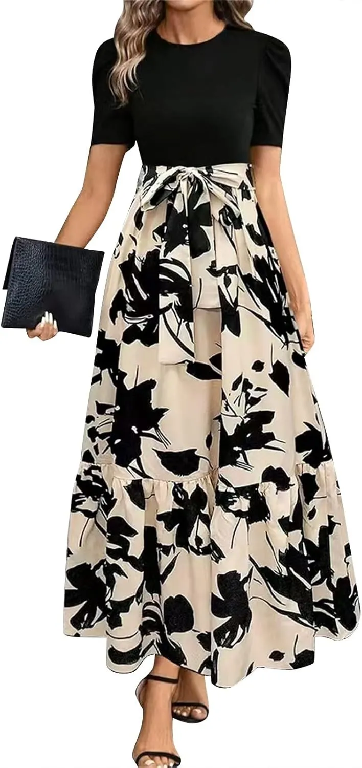 Summer Dresses Women 2025 Short Sleeve Floral Print Wrap Maxi Dress Patchwork Ruffle Hem A Line Dresses