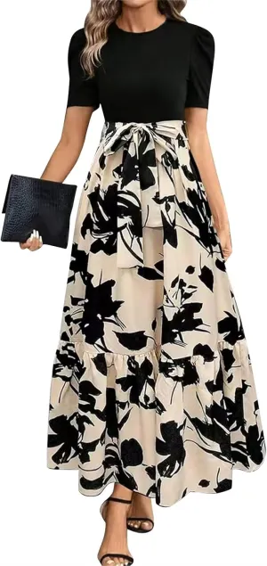 Summer Dresses Women 2025 Short Sleeve Floral Print Wrap Maxi Dress Patchwork Ruffle Hem A Line Dresses