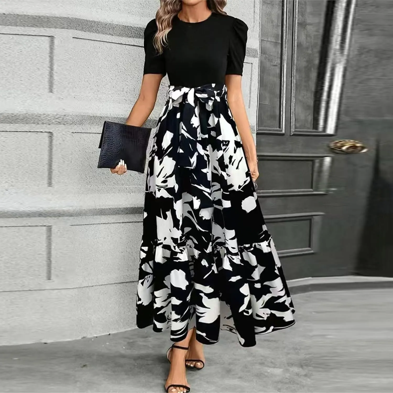 Summer Dresses Women 2025 Short Sleeve Floral Print Wrap Maxi Dress Patchwork Ruffle Hem A Line Dresses