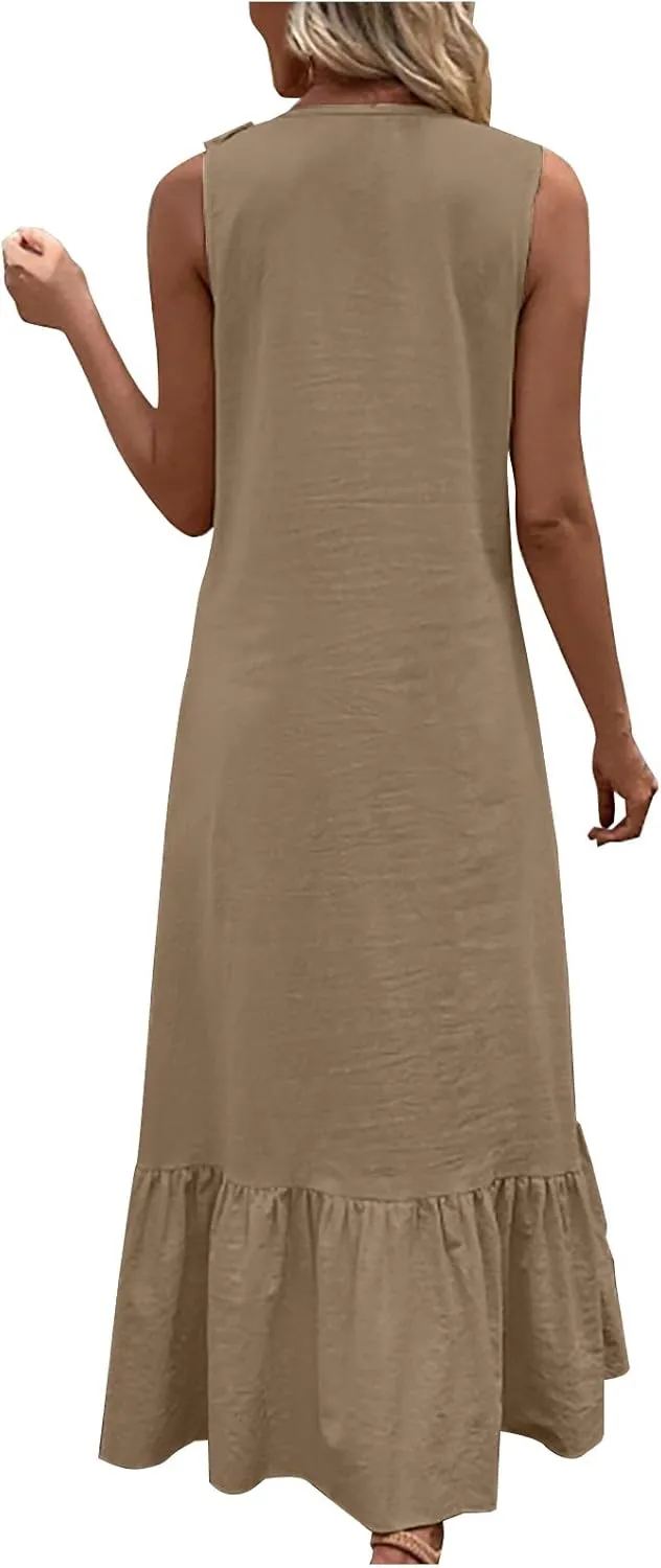 Summer Maxi Boho Sundress for Women Sleeveless Ruffle Swing Dress Casual V Neck Ankle Length A Line Dresses
