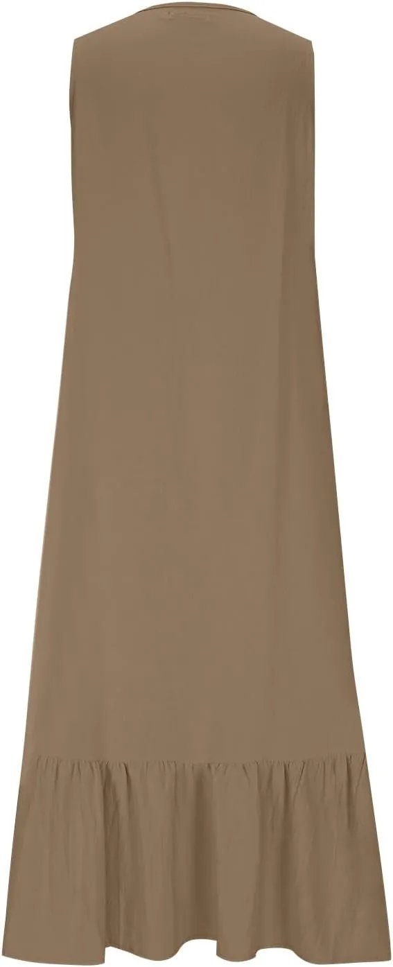 Summer Maxi Boho Sundress for Women Sleeveless Ruffle Swing Dress Casual V Neck Ankle Length A Line Dresses