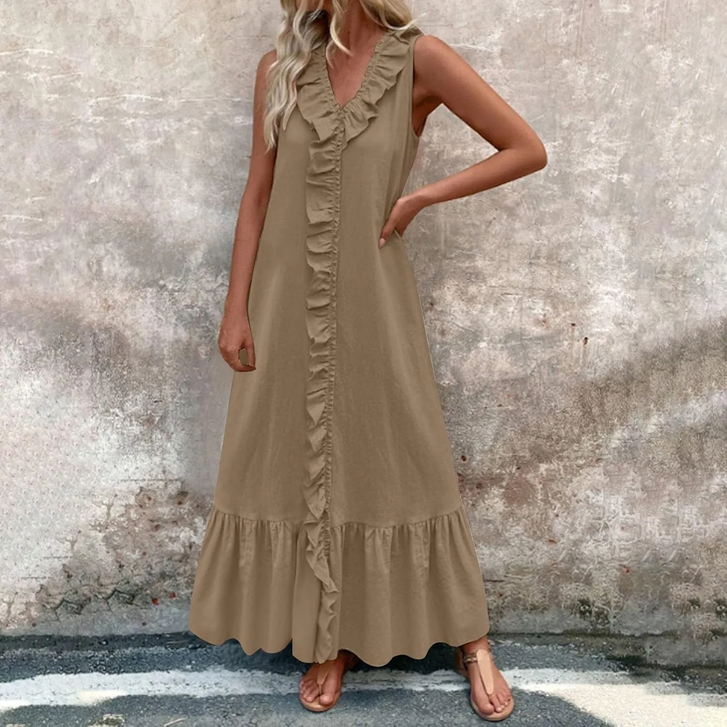 Summer Maxi Boho Sundress for Women Sleeveless Ruffle Swing Dress Casual V Neck Ankle Length A Line Dresses
