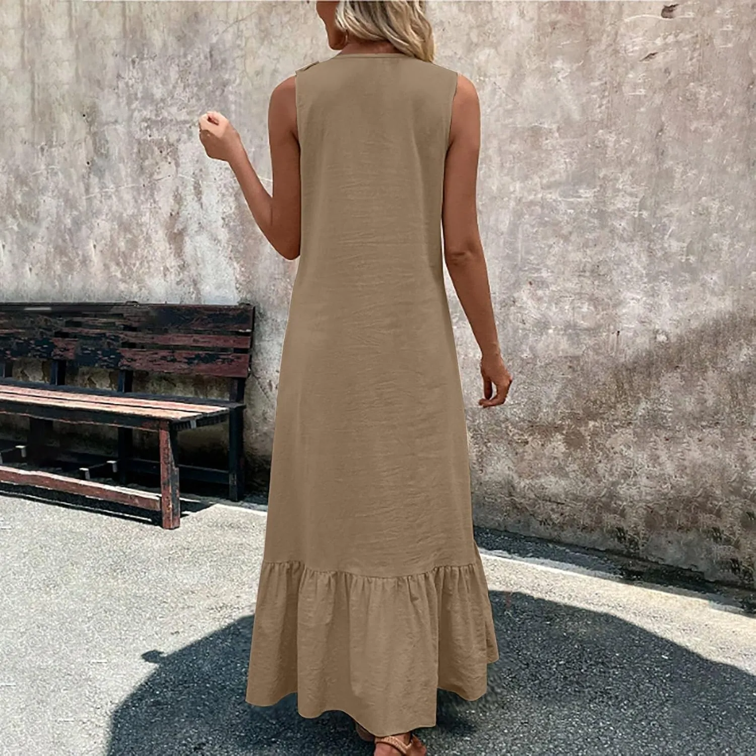 Summer Maxi Boho Sundress for Women Sleeveless Ruffle Swing Dress Casual V Neck Ankle Length A Line Dresses