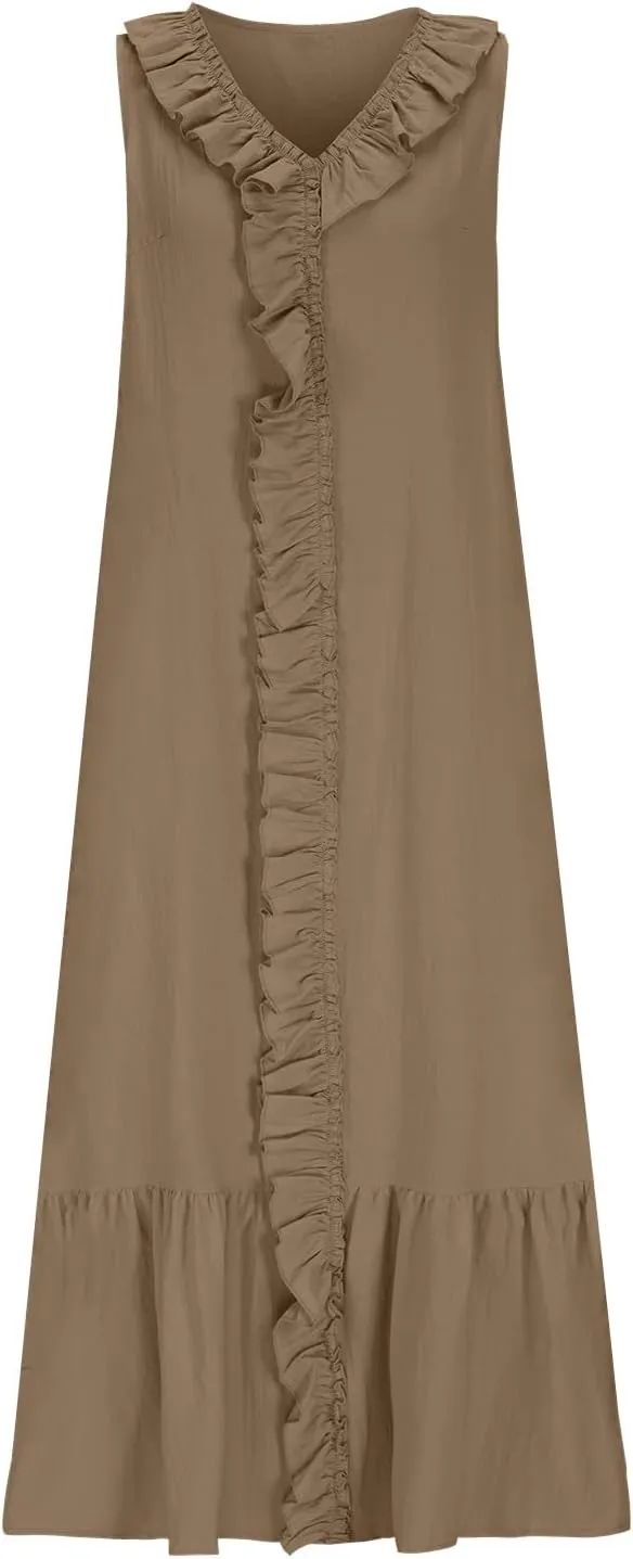 Summer Maxi Boho Sundress for Women Sleeveless Ruffle Swing Dress Casual V Neck Ankle Length A Line Dresses