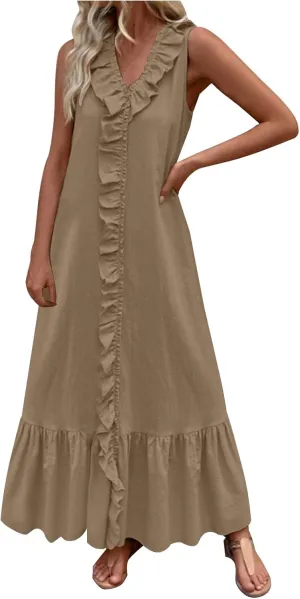 Summer Maxi Boho Sundress for Women Sleeveless Ruffle Swing Dress Casual V Neck Ankle Length A Line Dresses