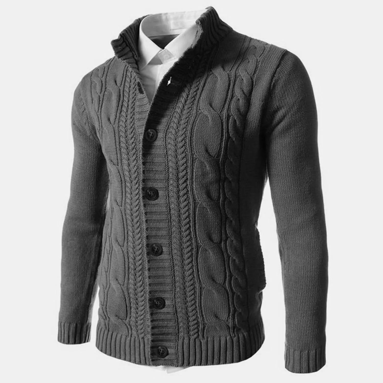 SUWBMHWE Men's Shawl Collar Cable Knitted Cardigan Sweaters Button Down Loose Fit Knitwear Open Front Sweaters Winter Outwear