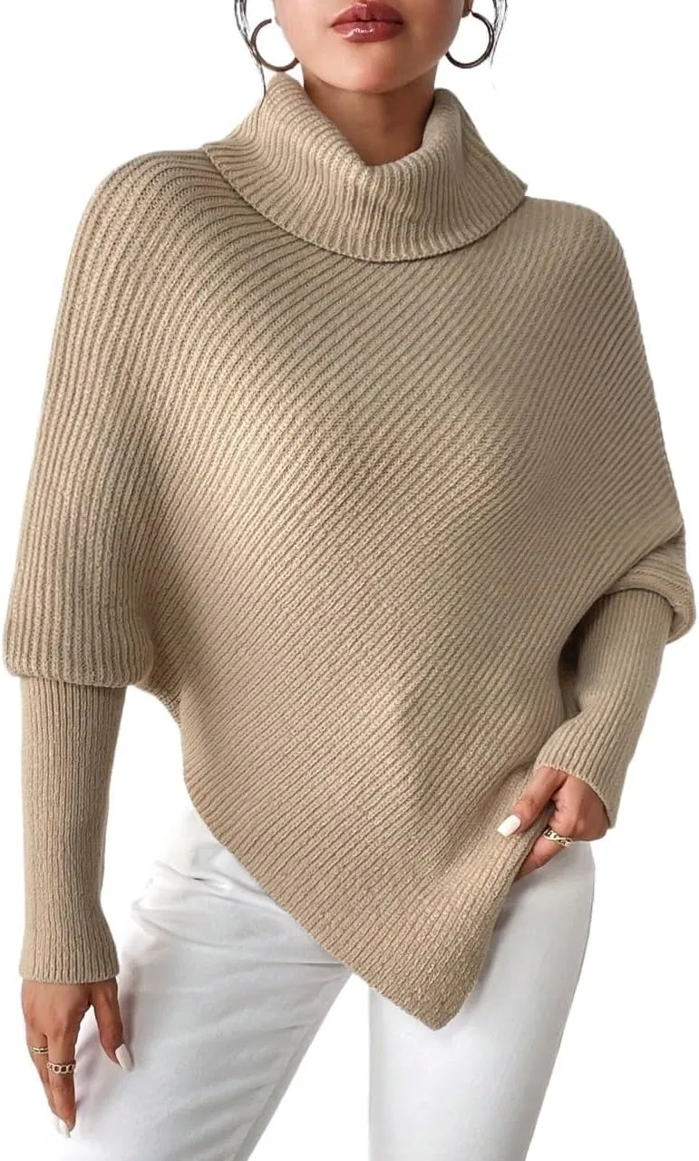Sweater Pullover Tops for Women's High Neck Batwing Sleeve Hem Sweater