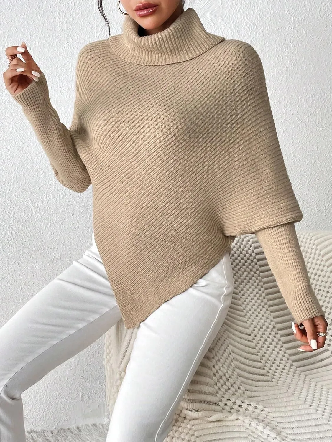 Sweater Pullover Tops for Women's High Neck Batwing Sleeve Hem Sweater