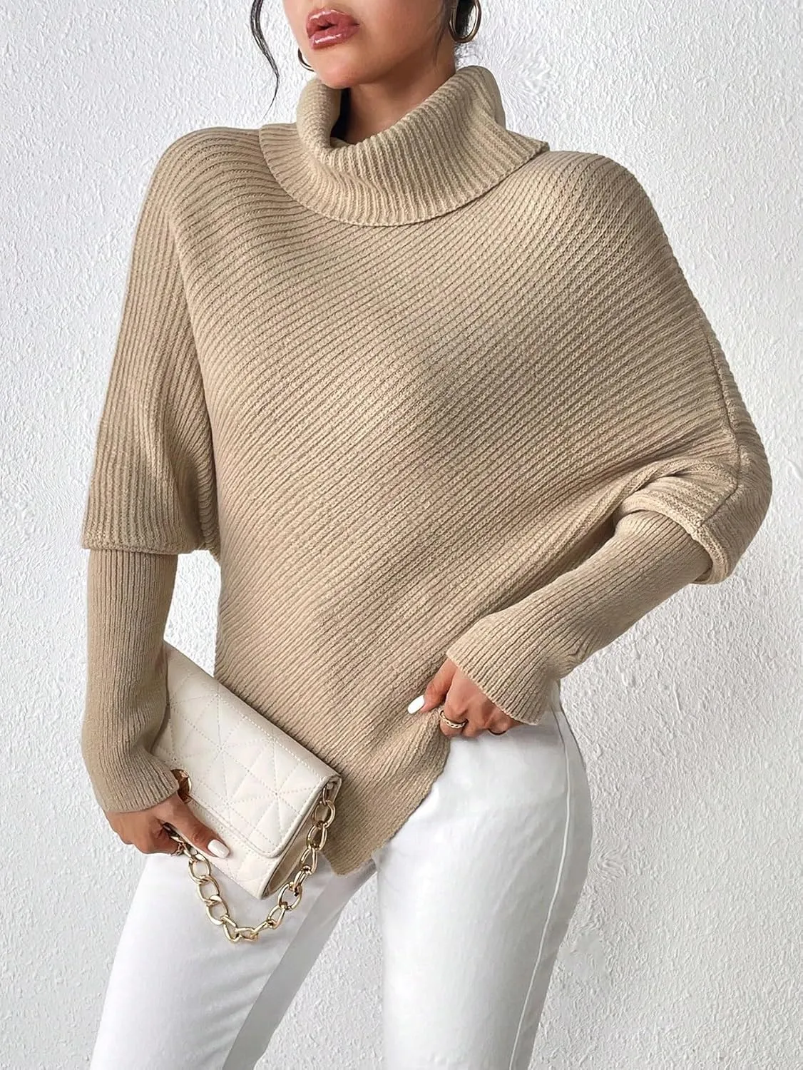 Sweater Pullover Tops for Women's High Neck Batwing Sleeve Hem Sweater
