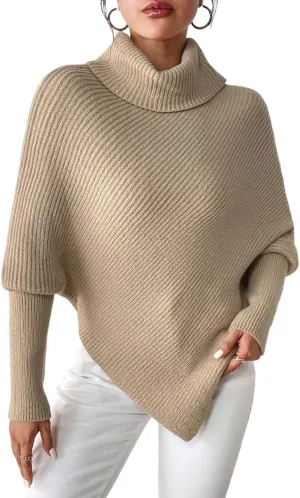 Sweater Pullover Tops for Women's High Neck Batwing Sleeve Hem Sweater