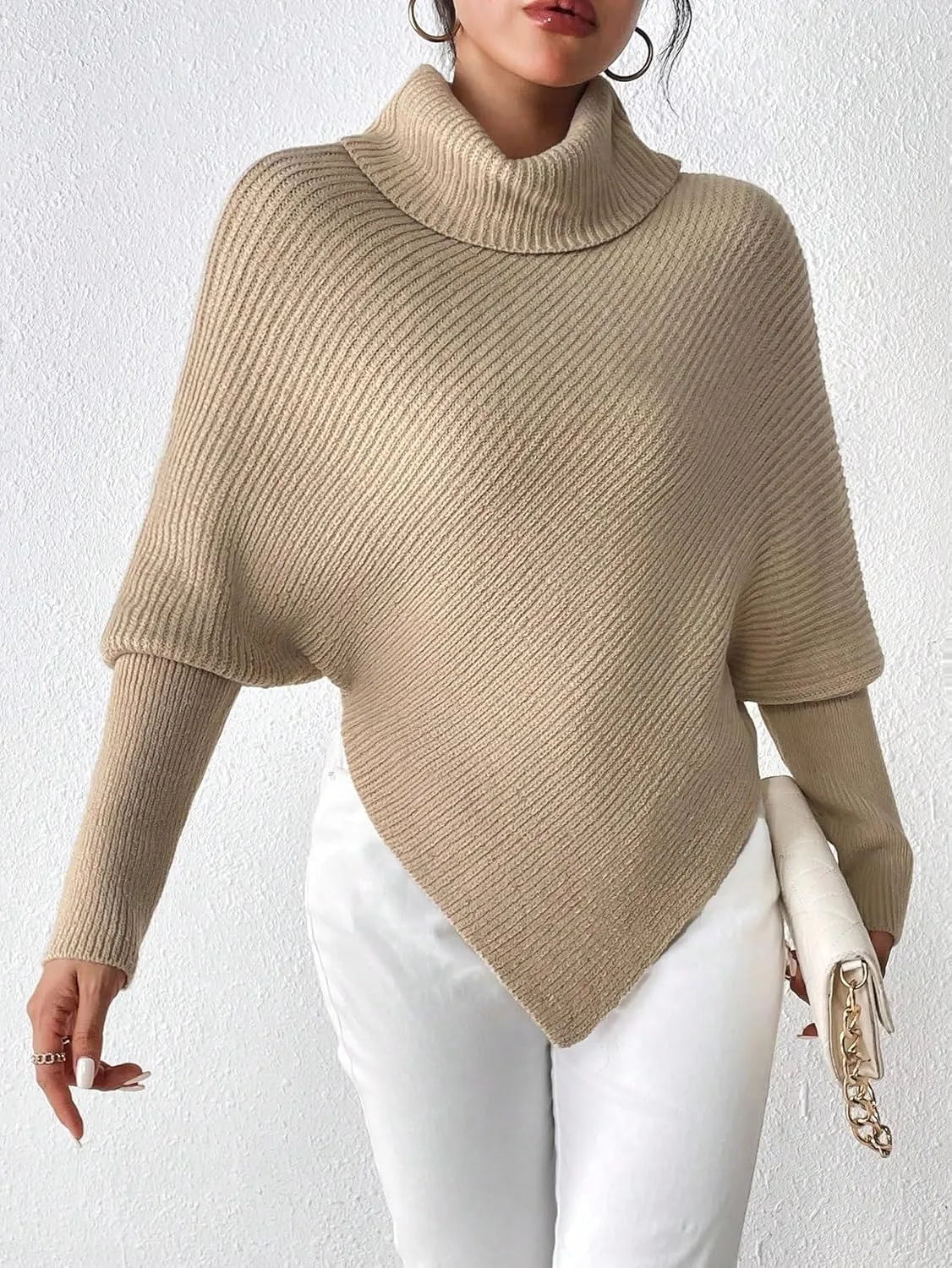 Sweater Pullover Tops for Women's High Neck Batwing Sleeve Hem Sweater