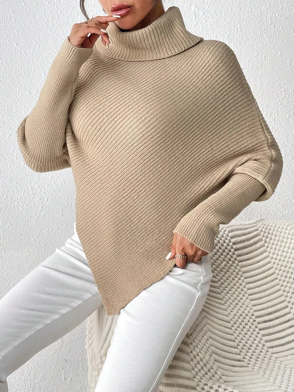 Sweater Pullover Tops for Women's High Neck Batwing Sleeve Hem Sweater