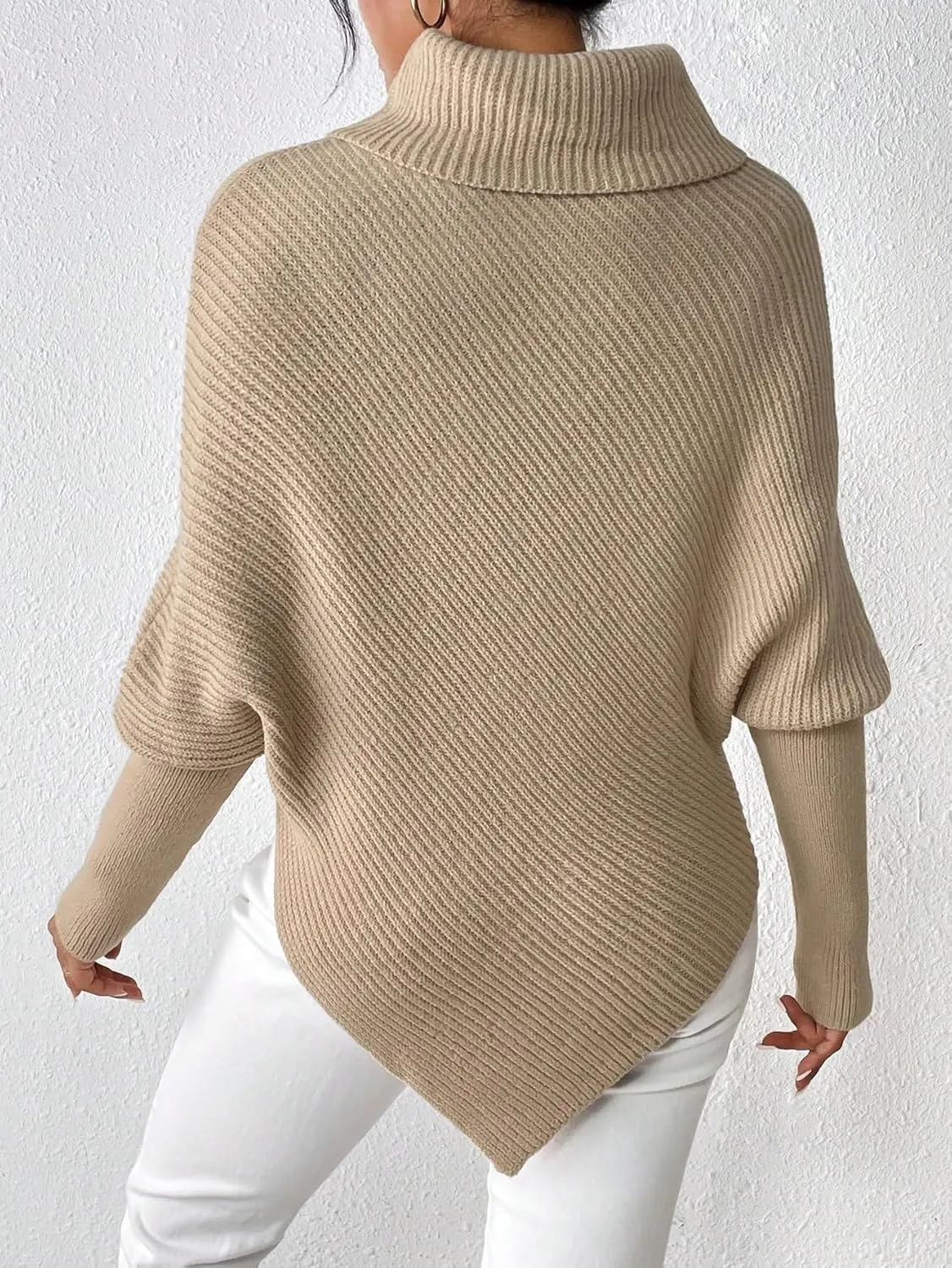 Sweater Pullover Tops for Women's High Neck Batwing Sleeve Hem Sweater