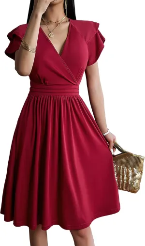 SweatyRocks Women's Wrap V Neck Short Sleeve Midi Dress Elegant Ruffle High Waist A Line Dresses