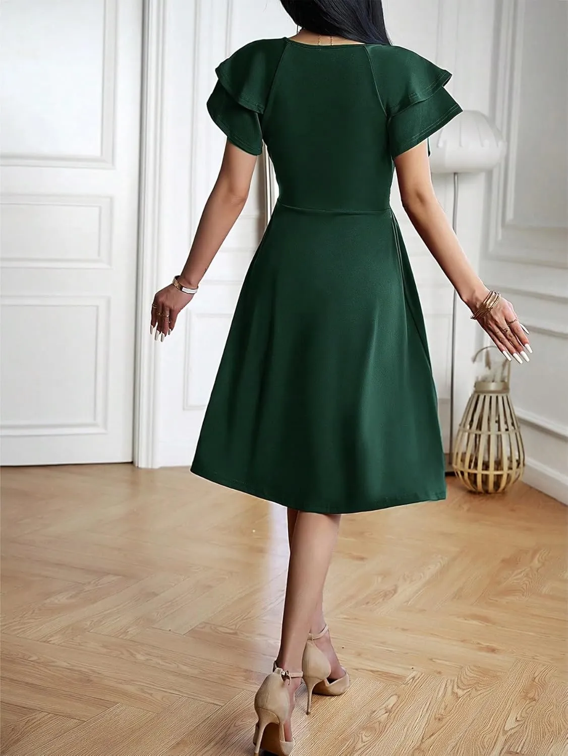SweatyRocks Women's Wrap V Neck Short Sleeve Midi Dress Elegant Ruffle High Waist A Line Dresses