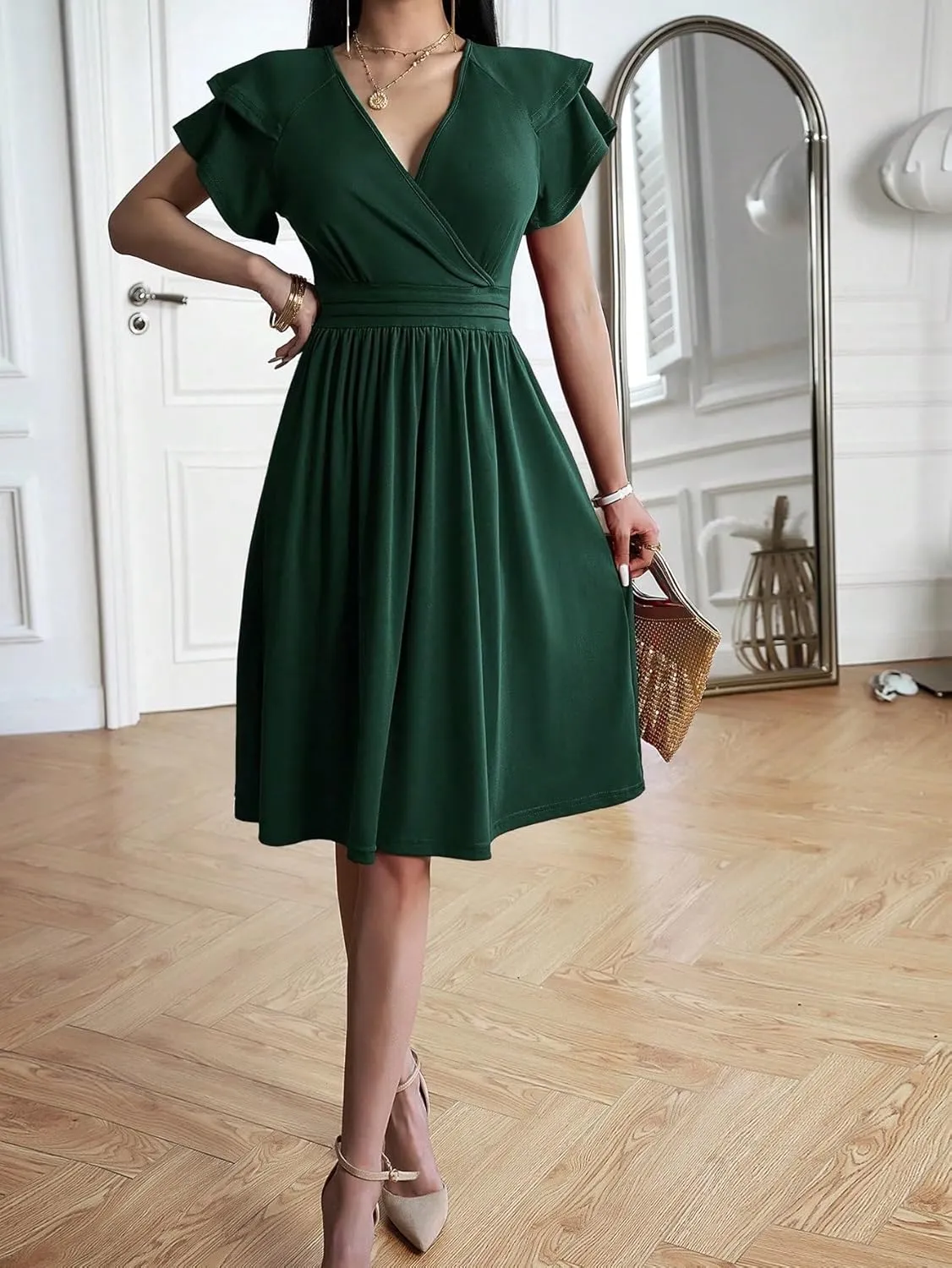 SweatyRocks Women's Wrap V Neck Short Sleeve Midi Dress Elegant Ruffle High Waist A Line Dresses