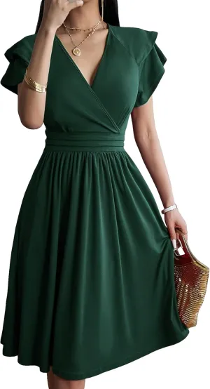 SweatyRocks Women's Wrap V Neck Short Sleeve Midi Dress Elegant Ruffle High Waist A Line Dresses