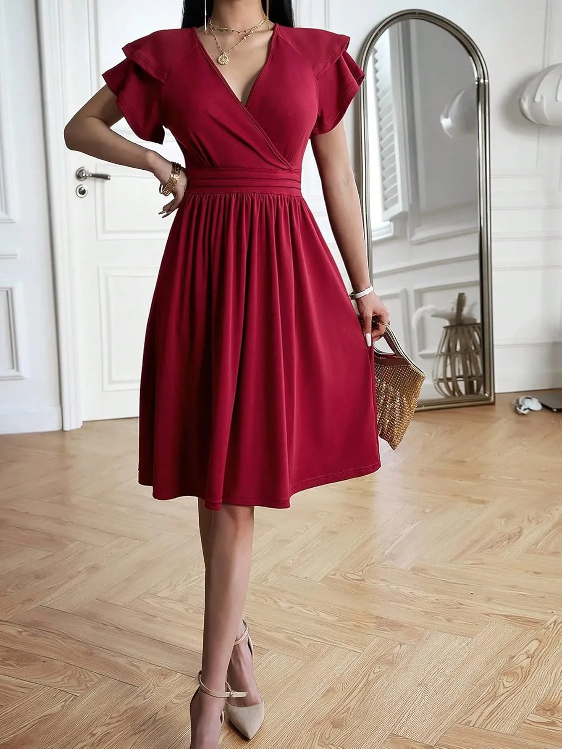 SweatyRocks Women's Wrap V Neck Short Sleeve Midi Dress Elegant Ruffle High Waist A Line Dresses