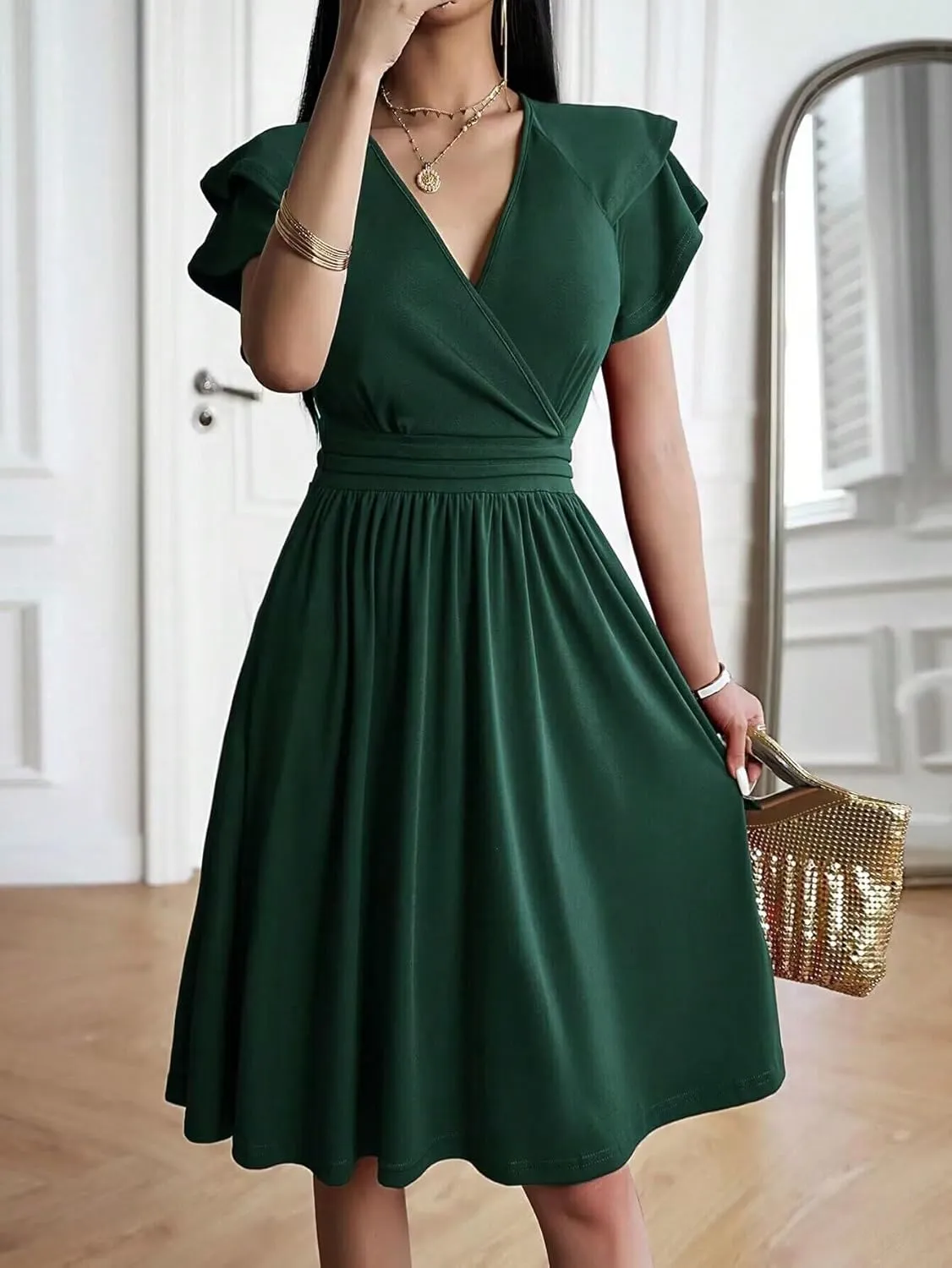 SweatyRocks Women's Wrap V Neck Short Sleeve Midi Dress Elegant Ruffle High Waist A Line Dresses